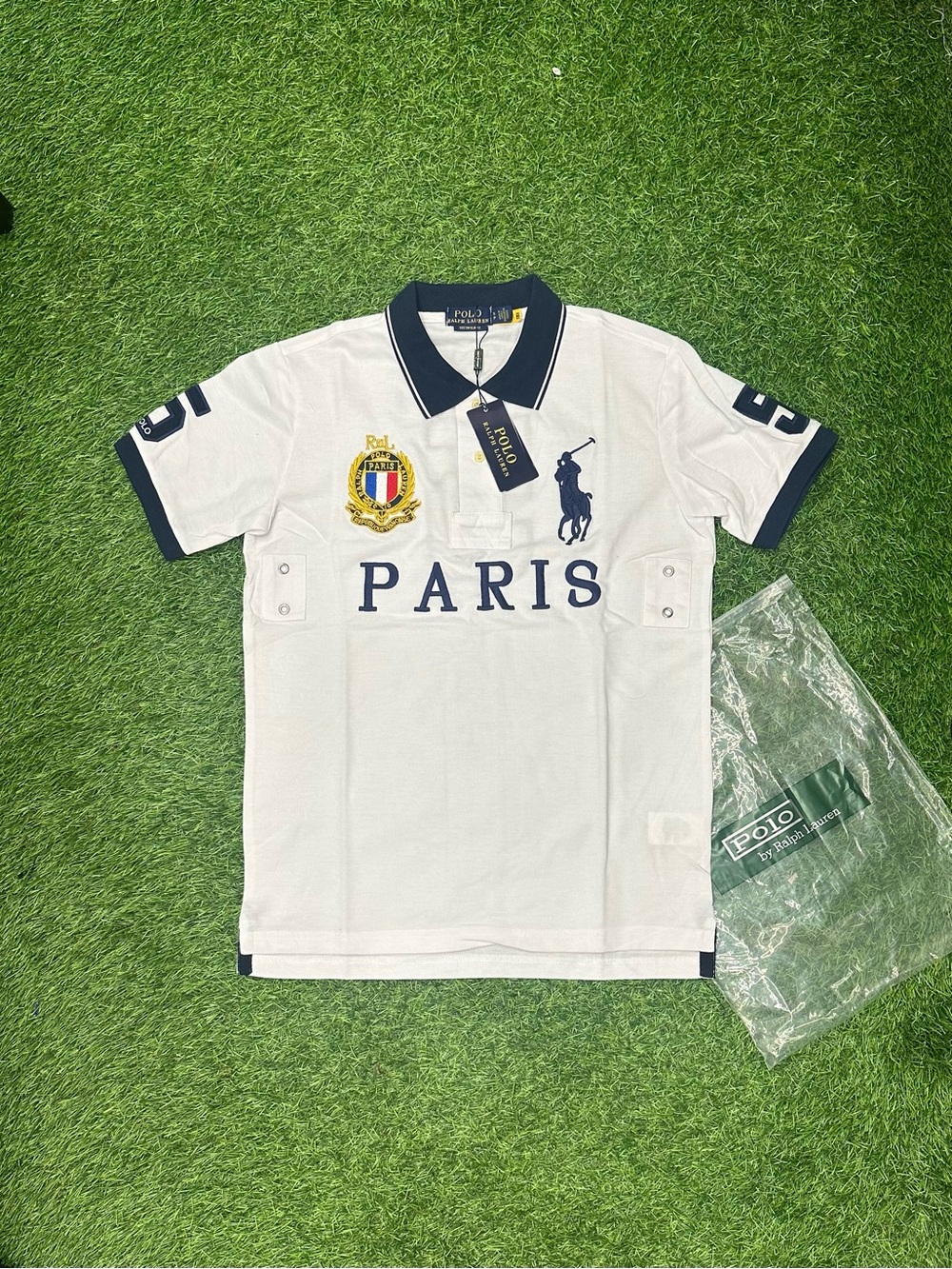 Polo by Ralph Lauren White Polo Shirt with Navy Trim and Paris Crest